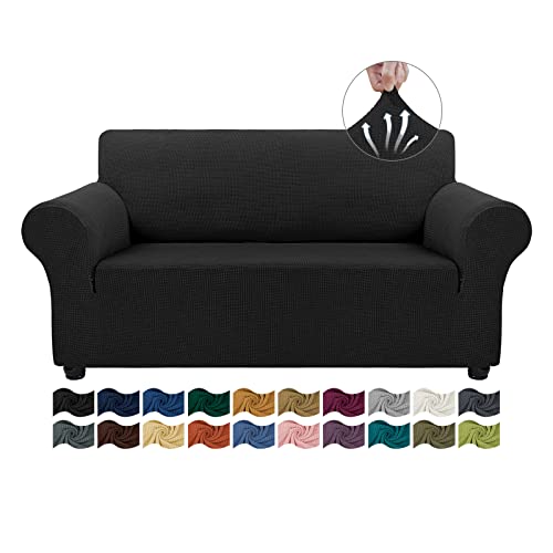 Asnomy Sofa Covers for 2 Cushion Couch Stretch loveseat Cover Slipcovers, Pet Protector Furniture Covers for Dogs Cats Spandex Jacquard Fabric Small Checks（Medium， Black） - color: Black, size: Medium