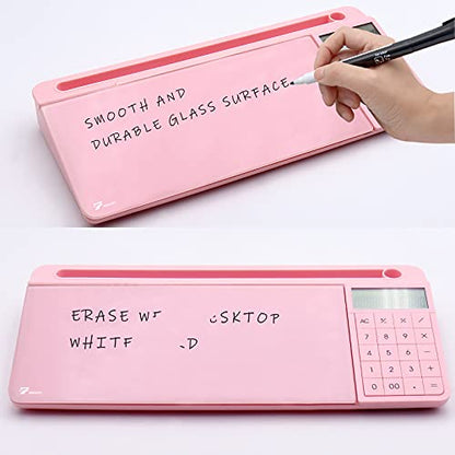 TOWON Desk Dry Erase Board with Detachable Calculator, Small Glass Desktop Whiteboard, Desktop whiteboard - Glass Dry Erase White Board- Desk Computer Buddy for Home Office Supply, Pink, 17 x 6 in - color: Pink Calculator