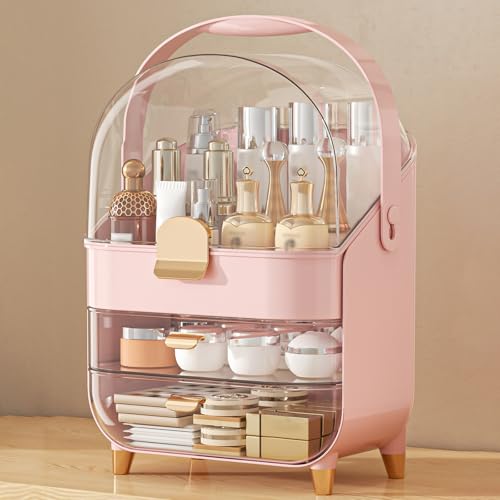 Anylady Makeup Organizer Countertop, Skincare Holder Bathroom Counter Organizer, Storage Box Cosmetic Display Cases, Teen Girl Gifts Make up Organizers for Vanity, Dresser - color: Pink