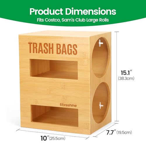 Libreshine Extra Large Bamboo 2-in-1 Trash Bag Dispenser & Roll Holder – Fits Costco Kirkland & Members Mark Jumbo Rolls, Wall/Under-Sink/Cabinet Mountable, Dual-Slot Storage for 2 Rolls - color: Natural, Large 2-slot