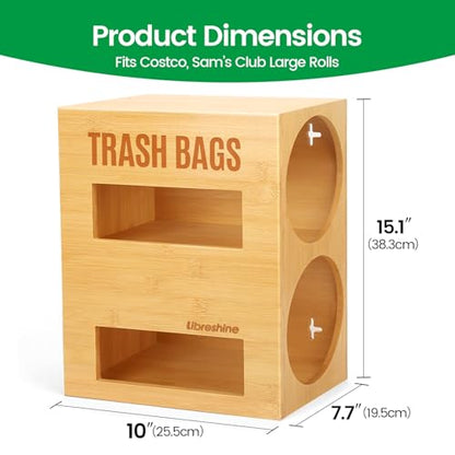 Libreshine Extra Large Bamboo 2-in-1 Trash Bag Dispenser & Roll Holder – Fits Costco Kirkland & Members Mark Jumbo Rolls, Wall/Under-Sink/Cabinet Mountable, Dual-Slot Storage for 2 Rolls - color: Natural, Large 2-slot