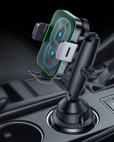APPS2Car Dual Coil Wireless Car Charger Auto Clamping 15W Cup Holder Phone Wireless Charging Mount Tri-Pivots Height Adjustable Fast Charge for Cars, SUVs & Trucks, for iPhone 12-17, Samsung, etc.