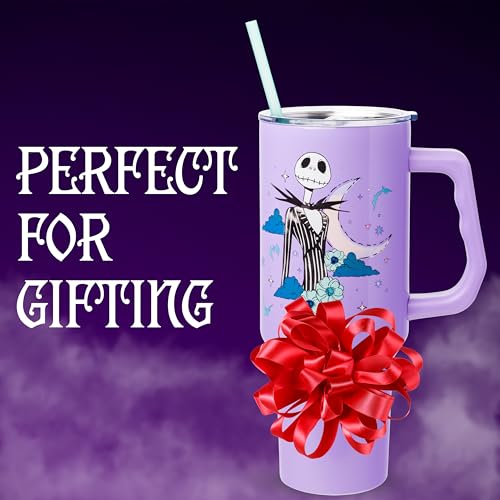 Silver Buffalo Disney Nightmare Before Christmas by Tim Burton Jack Skellington Double Walled Stainless Steel Tumbler with Handle and Straw, Fits in Standard Cup Holder, 40 Ounces - color: Nightmare Before Christmas Purple Twilight