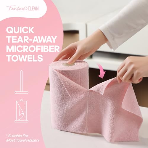 Fantasticlean Microfiber Cleaning Cloth Roll 2 Rolls 120 Pack, Tear Away Paperless Towels, 8" x 8", Reusable Washable Rags, House Kitchen, Pet, Office, Indoor Outdoor, Portable (Pink and Off-White) - color: 1pink 1off-white