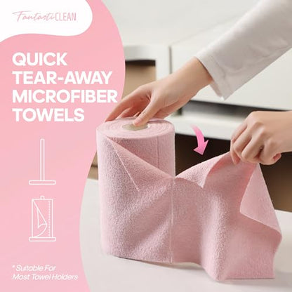 Fantasticlean Microfiber Cleaning Cloth Roll 2 Rolls 120 Pack, Tear Away Paperless Towels, 8" x 8", Reusable Washable Rags, House Kitchen, Pet, Office, Indoor Outdoor, Portable (Pink and Off-White) - color: 1pink 1off-white