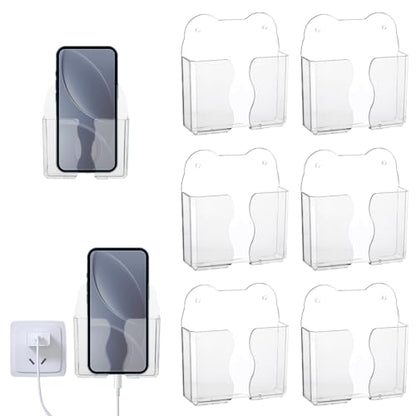AHANDMAKER 6pcs Wall Mounted Phone Holder Clear Adhesive with Charging Hole PET Shelf Stand Universal Bedside Organizer Kitchen Shower Mount for Home Office RV Wall Phone Storage Organizer