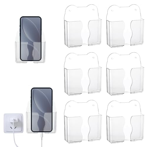 AHANDMAKER 6pcs Wall Mounted Phone Holder Clear Adhesive with Charging Hole PET Shelf Stand Universal Bedside Organizer Kitchen Shower Mount for Home Office RV Wall Phone Storage Organizer