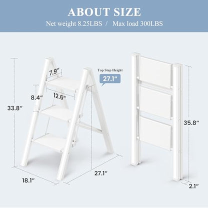 3 Step Ladder, Folding Step Stool with Wider Pedal, Anti-Slip Feet & Non Slip Stripes, Aluminum Sturdy Material, 300Lbs Capacity, Elegant Look of Modern White Better Matches Your Home - color: White, size: 3 Step
