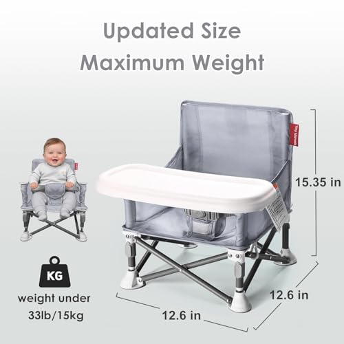 Tiny Marvels Baby Chair, Portable & Foldable for Travel & Beach, Ages 6M-3Y | BPA-Free Material, 3-Point Harness, 3-in-1 Baby Chair, Removable Tray & Carry Bag, Sturdy with Reinforcement, Non-Slip Feet - color: Grey