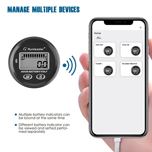 Runleader 12V to 48V Bluetooth LCD Battery Level Meter,Volt Meter with Alert,Run Hours Record for Lead Acid Trojan Lithium Gel AGM LiFePO4 Battery Powered Golf Cart Forklift Go-Kart EC (1)