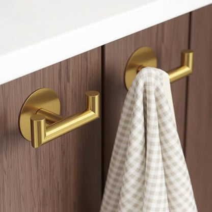 GWAAZXGZ 2 Pack Brushed Gold Bathroom Hooks for Towels - Self Adhesive Double Hooks for Wall, No Drilling, Stainless Steel 304, Strong Hold for Robes, Coats, Shower Use - color: Gold