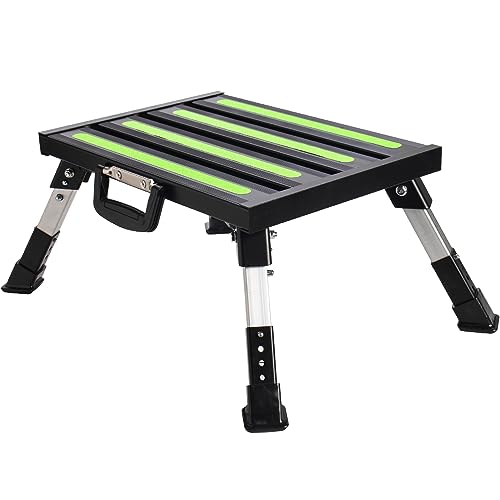 Homeon Wheels RV Step Stool, Adjustable Height Folding Aluminum Platform, Non-Slip Rubber Feet, Reflective Stripe, Handle, RV T Level, 1000 lbs, 16.5" x 12.2", for Trailer, Truck, Outdoor Use, Black - color: Black