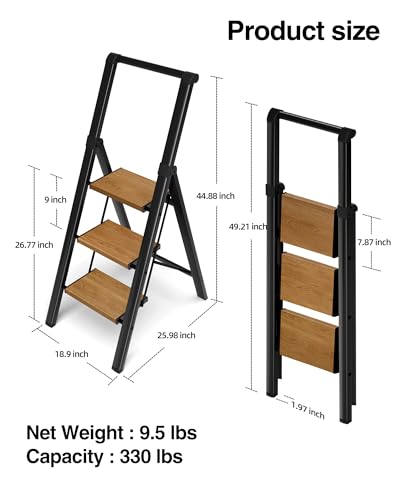3 Step Ladder,Folding Step Stool with Aluminum Wide Pedal& Convenient Handgrip,330lbs Capacity Steel Ladder for Household and Office(Black &Woodgrain) - color: Black&woodgrain, size: 3 Step