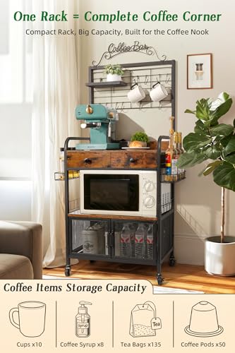 Rolling Coffee Bar Cart for Small Spaces, Coffee Station Cabinet with Storage, Apartment Coffee Nook, Side Syrup Rack, Tea Pod Drawer, Magnetic Doors, Lockable Wheels, Rustic Brown - color: Black & Brown