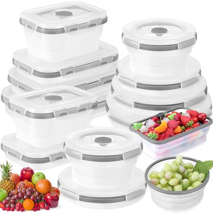 Dandat 12 Silicone Collapsible Food Storage Containers Foldable Silicone Lunch Container 6 Rectangle and 6 Round Airtight Collapsible Bowl with Lid Set for Kitchen Microwave (Translucence Gray)