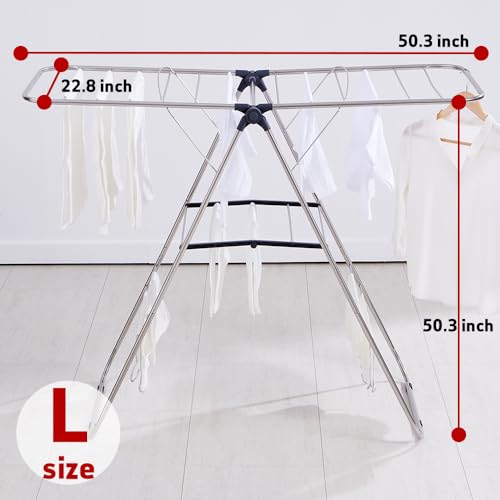 TRES BELLE L-Size Stainless Steel Gullwing Clothes Drying Rack, Foldable Heavy Duty Metal Laundry Dryer with Secure-Rod & 4 Bottom Bars for Sweater, Towel, Socks, Indoor Outdoor Use - size: Large
