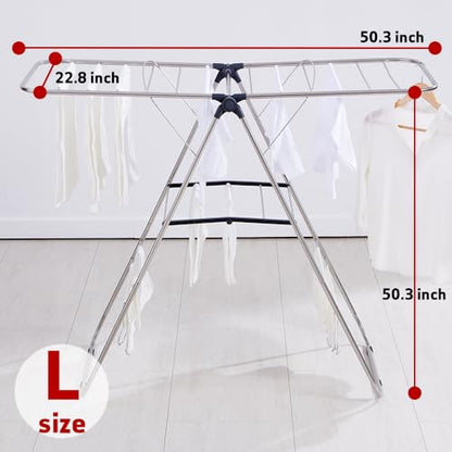 TRES BELLE L-Size Stainless Steel Gullwing Clothes Drying Rack, Foldable Heavy Duty Metal Laundry Dryer with Secure-Rod & 4 Bottom Bars for Sweater, Towel, Socks, Indoor Outdoor Use - size: Large