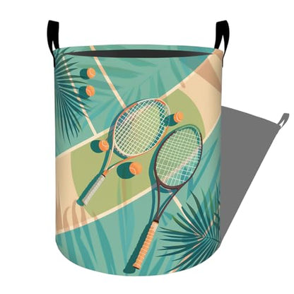 Tropical Tennis Rackets and Balls Laundry Basket with Handles, 19.7"x15.7" Clothes Foldable Laundry Hamper Organizer for Dorm Nursery Bedroom Bathroom Decor, Toy Storage Bin for Kids - style: Tennis Racket67