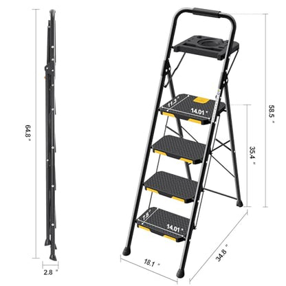 KINGRACK 4 Step Ladder with Tool Platform, Folding Step Stool with Wide Pedal, Safety Locking, Sturdy Steel Ladder Portable Safety Ladder for Painting Home Outdoor Garage - size: 4-Step with Tool Platform