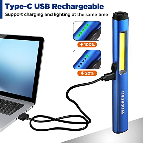 WORKPRO Rechargeable Flashlight, LED Pen Light with 365 nm UV Black Light, 450 Lumen Pocket Penlight, Magnetic Clip, for Hurricane Deluge Flood Emergency - color: Blue