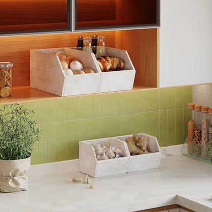 Trironsun 2 Set Bamboo Pantry Storage Bins Wood Stackable Baskets Potato and Onion Storage Bins Fruits Vegetable Bread Organization for Kitchen Counter