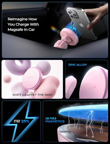 LISEN 15W MagSafe Car Mount Charger,[Light Pink] Magnetic Wireless Car Charger, Dashboard & Air Vent Car Phone Mounts, Car Phone Holder for iPhone 17-12, Samsung, Pixel, Cute Car Accessories for Women | [Light Pink & Purple LED light] Magsafe Car Mount Ch