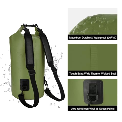Piscifun Dry Bag, Waterproof Floating Backpack 10L/20L/30L/40L with Waterproof Phone Case for Boating, Kayaking, Fishing - color: Army Green, style: 40l