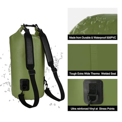 Piscifun Dry Bag, Waterproof Floating Backpack 10L/20L/30L/40L with Waterproof Phone Case for Boating, Kayaking, Fishing - color: Army Green, style: 20l