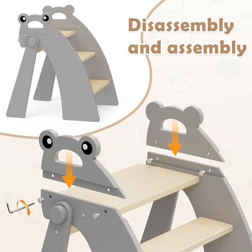Wooden 3 Step Stool for Kids Bathroom Sink Foldable Anti-Slip, Child Stepping Stool for Kitchen Nursery Bedroom, Sturdy Non Slip Adult Stool for Closet - color: Grey Frog