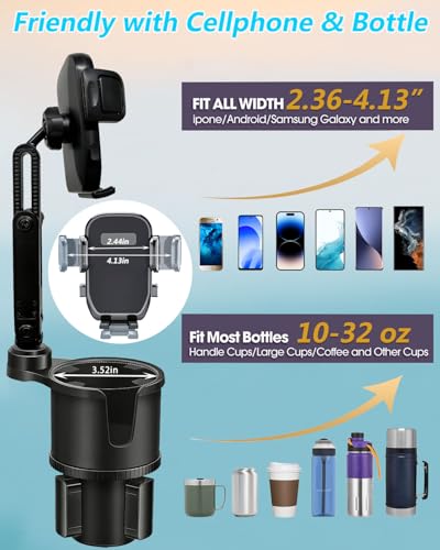 Cup Phone Holder for Car with Expandable Base, 2 in 1 Height-Adjustable Dual Cell Phone Holders Car Cupholder Mount, Friendly Fit Large Bottle & iPhone All Cellphone for Truck SUV | No Shake Design - color: Gray
