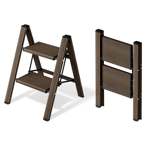 Mayi Plus 2 Step Ladder,Aluminum Folding Step Stool for Adults,Step Ladder with Wide Anti-Slip Pedal,330 lbs Capacity for Home,Office,Kitchen,Library(Walnut) - color: Walnut, size: 2 Step