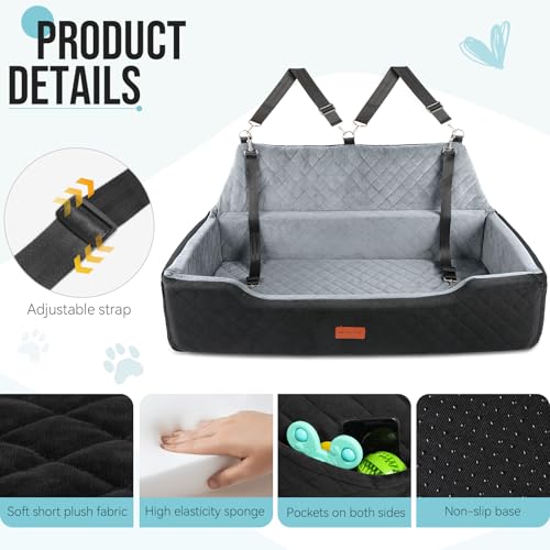 HEGGCOOE Large Dog Car Seat Under 100 lbs, Washable Dog Car Bed for 2 Medium Dogs, Detachable Pet Booster Seat with Storage Pocket and Seat Belt for Back Seat Dog Travel Bed - color: Black/Grey