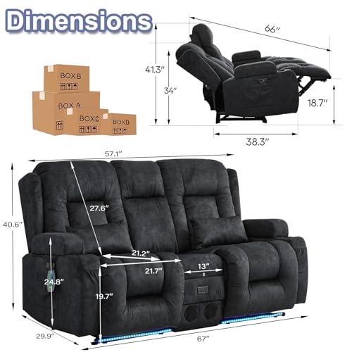 TUNYI Power Loveseat Recliner Sofa with Massage & Heat Home Theater Seating with Console RV Recliner Loveseat Sofa with USB/Storage/Side Pocket/LED Light/Speaker (Grey, Loveseat) - color: Grey, size: 2 Seat
