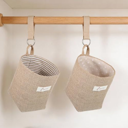 2 Pack Hanging Basket for Door, Small Jute Wall Storage, Hanging Storage Bags Cotton Linen Boho Camper Decor for Keys, Flower Plants, Wallet