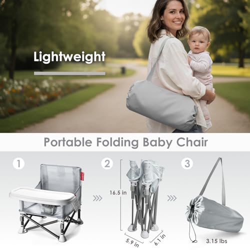 Tiny Marvels Baby Chair, Portable & Foldable for Travel & Beach, Ages 6M-3Y | BPA-Free Material, 3-Point Harness, 3-in-1 Baby Chair, Removable Tray & Carry Bag, Sturdy with Reinforcement, Non-Slip Feet - color: Grey