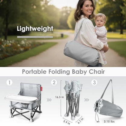 Tiny Marvels Baby Chair, Portable & Foldable for Travel & Beach, Ages 6M-3Y | BPA-Free Material, 3-Point Harness, 3-in-1 Baby Chair, Removable Tray & Carry Bag, Sturdy with Reinforcement, Non-Slip Feet - color: Grey