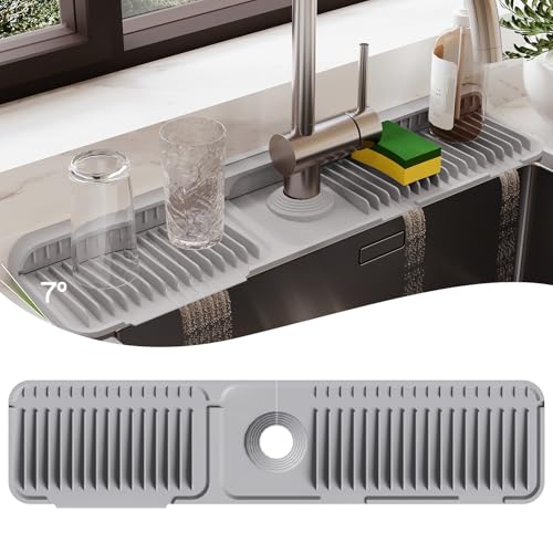 24 Inch Silicone Faucet Mat for Kitchen Sink Splash Guard – 2025 Upgraded Draining Mat with Water Tray Behind Faucet – Countertop Protectors to Catch Spills (Gray, 24" x 5.5" ) - color: Gray, size: 24" x 5.5"