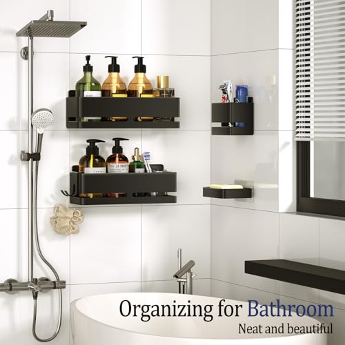 Bathroom Shower Caddy (5-piece Set), wall-Mounted Shelf with soap Dish and Toothbrush Holder, no Drilling Required, Ideal for Bathroom Storage and Also Suitable for Kitchen (Black) - size: Black-5-piece set