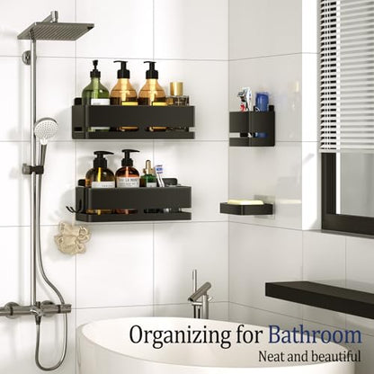 Bathroom Shower Caddy (5-piece Set), wall-Mounted Shelf with soap Dish and Toothbrush Holder, no Drilling Required, Ideal for Bathroom Storage and Also Suitable for Kitchen (Black) - size: Black-5-piece set