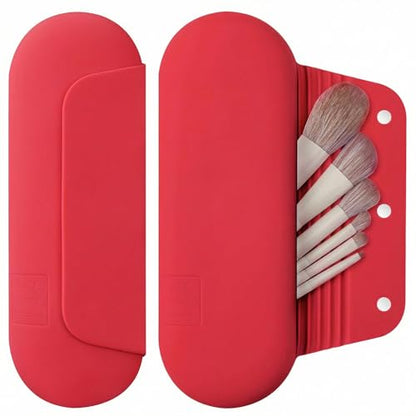 AGIKET Silicone Makeup Brush Holder Travel Cosmetic Bag：Soft Portable Cosmetic Face Brushes Holder with Upgrade Anti-Fall Out Magnetic Closure, Large Travel Makeup Brush Case - Carmine - color: Carmine, style: Brush Holder