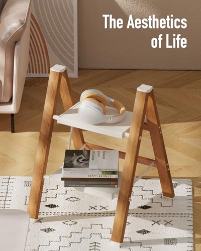 Mayi Plus 2-Step Aluminum Ladder,Lightweight Folding Step Stool with Extra-Wide Anti-Slip Steps,330 lbs Capacity,Compact Space-Saving Design for Home,Kitchen and Office（White&Woodgrain） - color: White&woodgrain, size: 2 Step