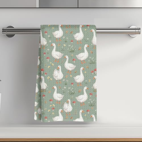Cute White Goose Kitchen Towels 24x14 Inch, Reusable Dish Towels for Kitchen Bathroom Decor, Red Mushroom Waffle Soft Absorbent Hand Cloth Tea Towel, Housewarming Gifts for Women Friend - color: Lcs Multicolor 02902