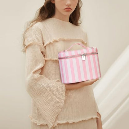 YFGBCX Checkered Makeup Bag Vanity Case with Divider Travel Toiletry Bag Women Cosmetic Bag Makeup Organizer Case - color: Striped-Pink