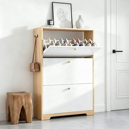 Nicetree Shoe Cabinet with 3 Flip Drawers，Freestanding Shoe Storage Cabinet, Narrow Shoe Organizer Cabinet, Farmhouse Slim Shoe Rack Cabinet for Entryway, Natural Oak and White with Hook - color: Natural Oak and White, style: 3-Drawers with Hook