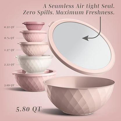 COOK WITH COLOR Mixing Bowls with Lids - 12 Piece Plastic Nesting Bowls Set includes 6 Prep Bowls and 6 Lids, Microwave Safe Mixing Bowl Set, Pink Diamond - color: Pink Diamond