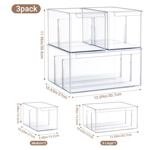 Clear Plastic Storage Bins with Dividers for Fridge Pantry Organizers and Storage Containers, 3 Pack Large Acrylic Stackable Sturdy Storage Boxes for Home Edit and Cabinet Organizers C6-2 - style: 2 Medium+ 1 Extra Large