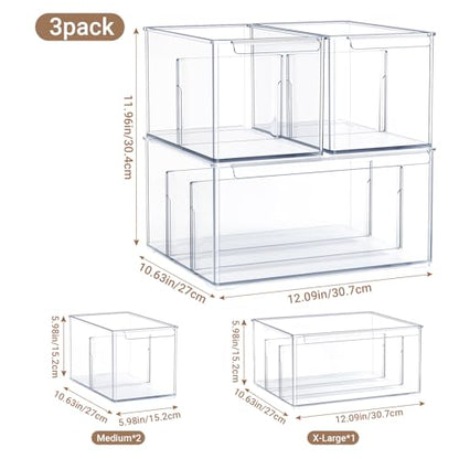 Clear Plastic Storage Bins with Dividers for Fridge Pantry Organizers and Storage Containers, 3 Pack Large Acrylic Stackable Sturdy Storage Boxes for Home Edit and Cabinet Organizers C6-2 - style: 2 Medium+ 1 Extra Large