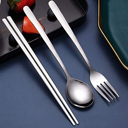 IQCWOOD Spoons and Forks Flatware Set, 3 Pairs Chopsticks Forks and Spoons Silverware Korean Utensil Set, Stainless Steel Korean Dinnerware Portable Utensils for Home