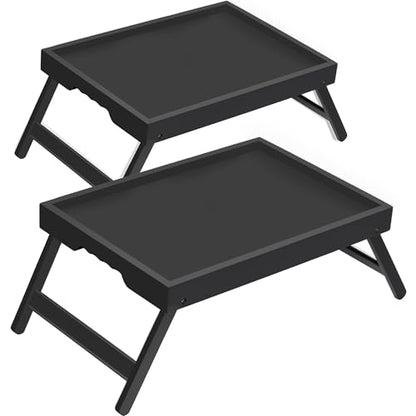 Breakfast Tray with Folding Legs Set of 2, Bamboo Bed Tray Table 15.7" Foldable TV Dinner Tray with Ergonomic Wave Handles for Bed Couch Sofa, Breakfast, Snacks, Coffee, Black - color: Black, size: Medium