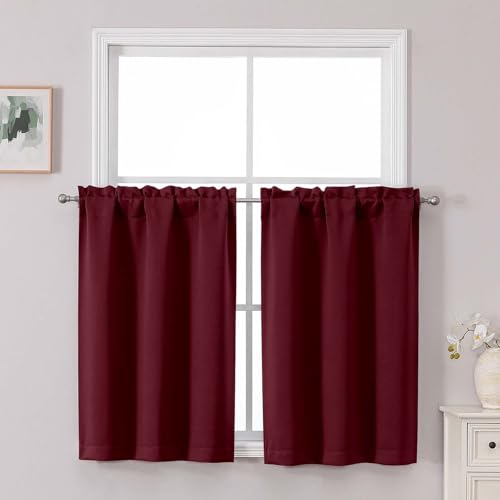 Chyhomenyc Short Burgundy Curtains 36 Inch Length, Small Kitchen Curtain Tier Rod Pocket Half Window Curtains for Basement Cabinet Camper RV Bunk, 2 PCS, Each 30Wx36L - color: Burgundy, size: 30"W x 36"L (Pack of 2)